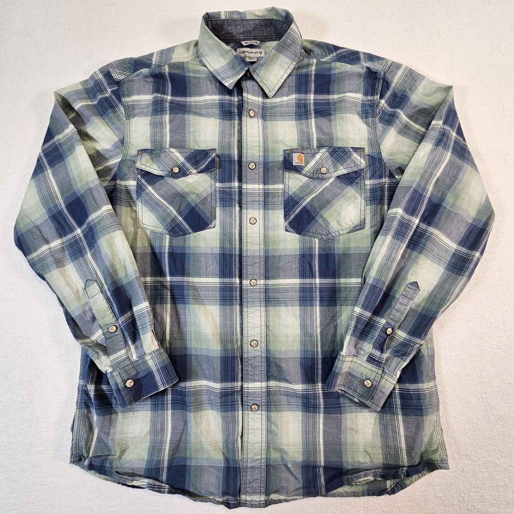 Carhartt Pearl Snap Shirt Mens‎ Blue Check Plaid Long Sleeve Workwear Relaxed L